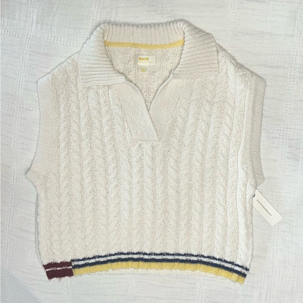 Maeve Cream Cable-Knit Sleeveless V-Neck Sweater with Striped Hem